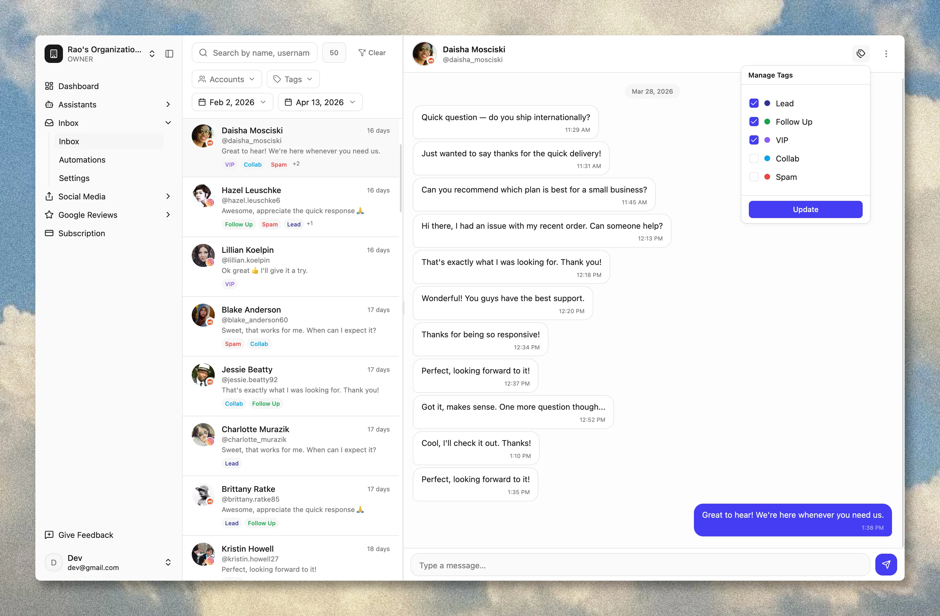 SmallForce unified inbox for managing customer conversations across social channels
